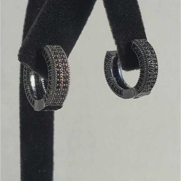 Mens 2ct Black Diamond Round Hoop Earrings Guys Rhodium Silver Jewelry Studs ct - Picture 6 of 9